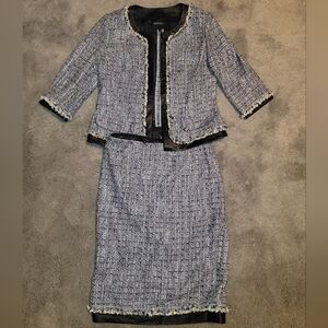 Lafayette 148 Tweed jacket and skirt set with leather trim, size 6, snap closure